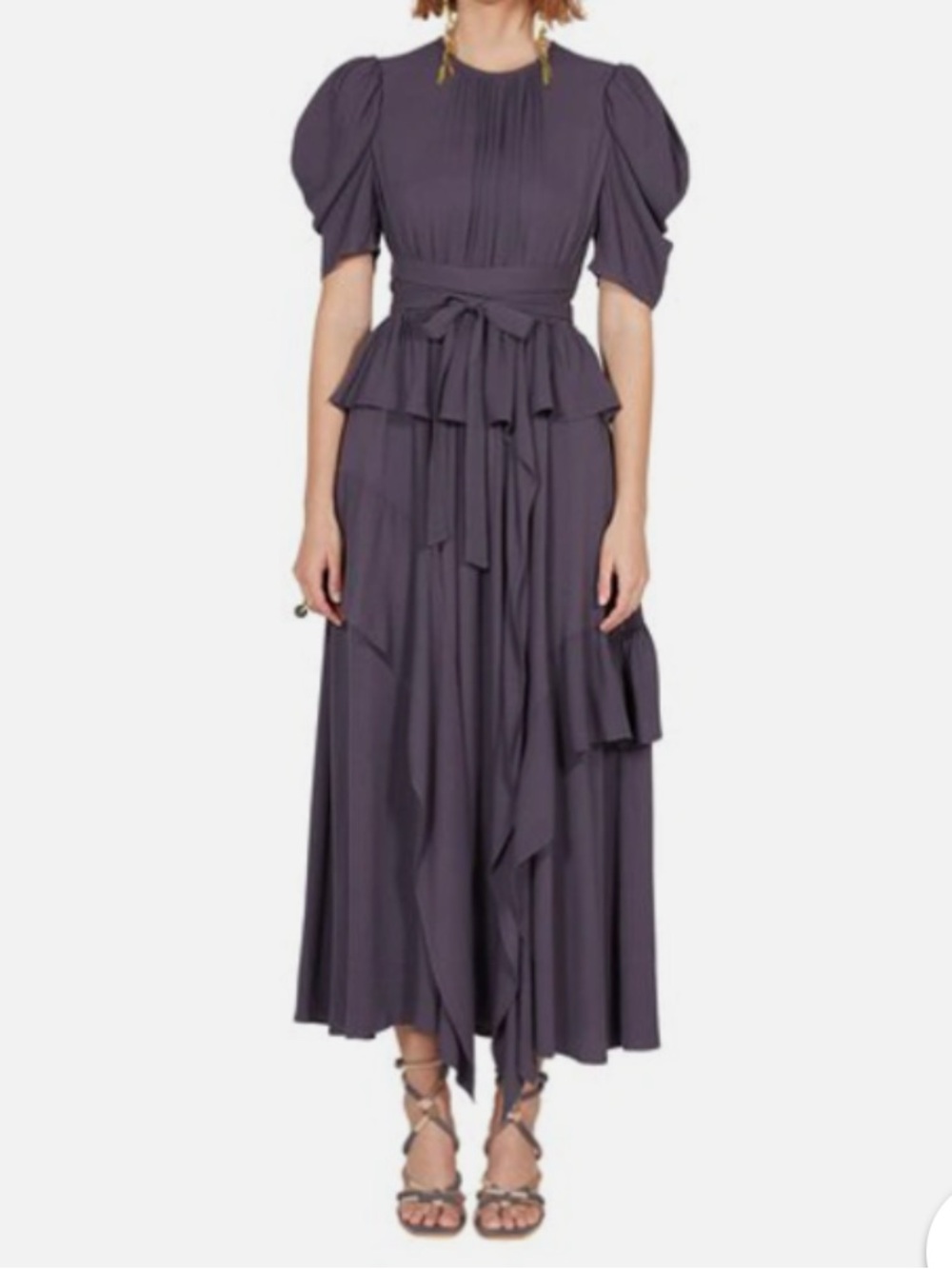 Ulla Johnson Draped Puff Sleeve Belted Midi Dress in Gray Size 10